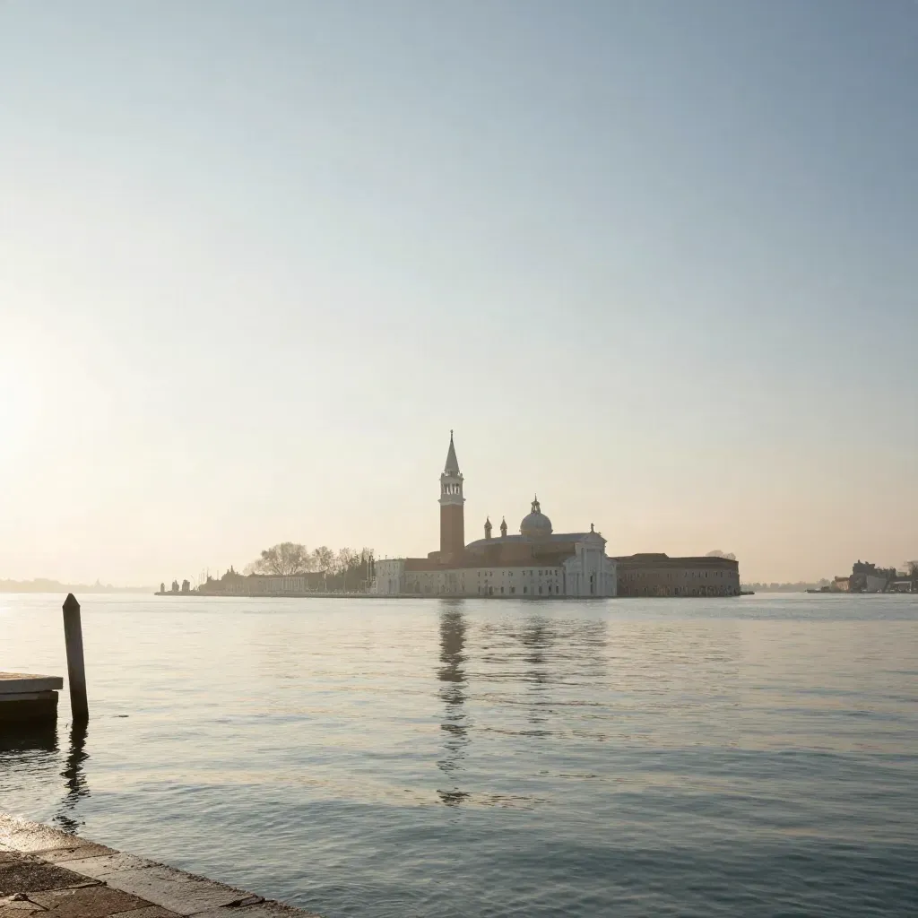 Laguna veneta all’alba con isole lontane, campanili e riflessi calmi sull’acqua.