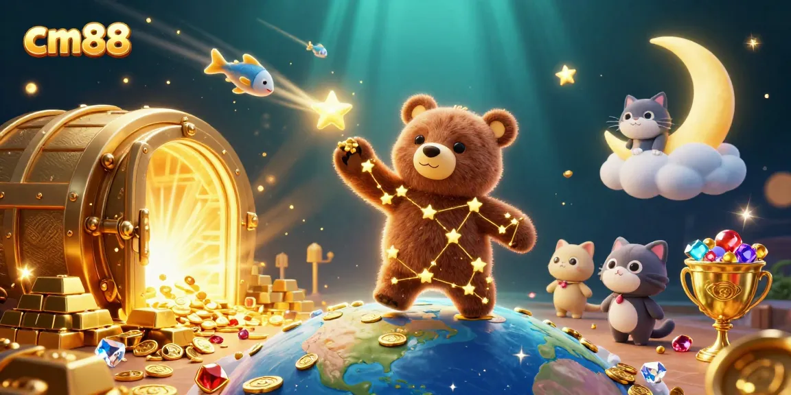 Spin and win with cm88's dazzling 3D casino illustration of a starry bear scooping gems.