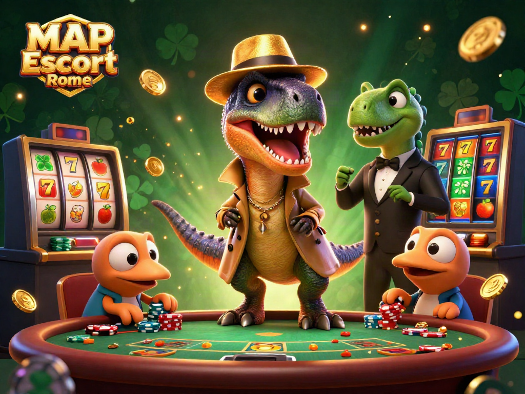Engaging 3D illustration showcasing MAP Escort Rome with vibrant casino elements, featuring animated characters and slot reels.