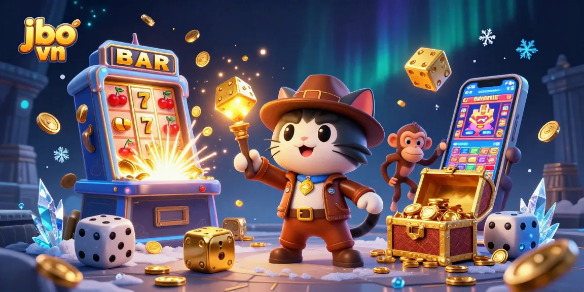 Join the adventure with jbo vn as the explorer cat uncovers golden casino treasures surrounded by vibrant game elements.
