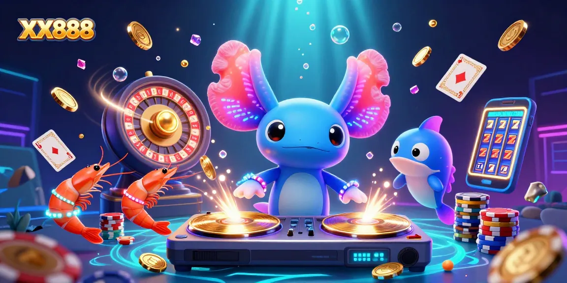Spin and win at XX888 with a vibrant casino scene featuring an axolotl DJ and dynamic gambling elements.