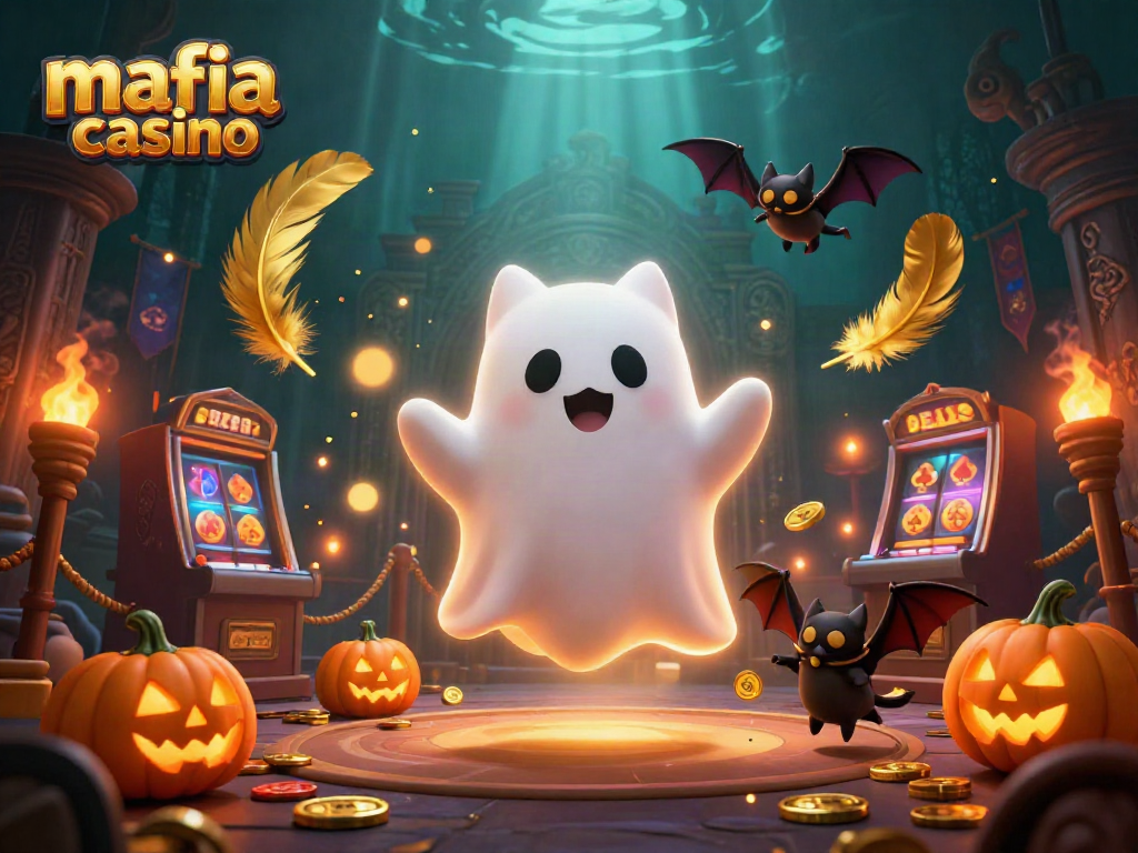Play games at mafia casino with a ghost cat, vampire bat, and glowing jack-o-lanterns.
