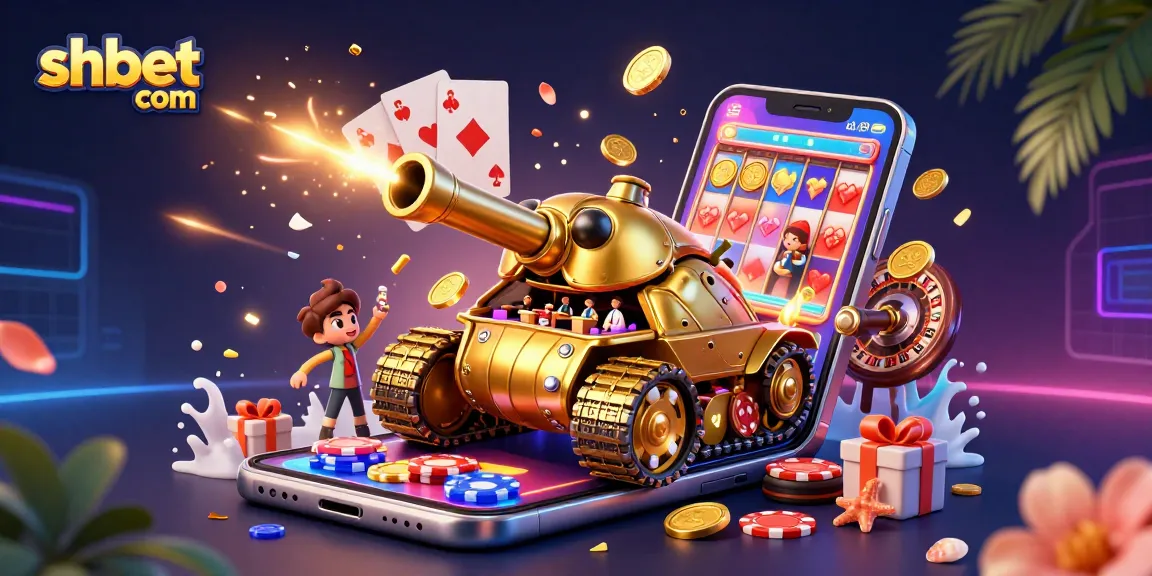 Engage with shbet com's vibrant 3D casino scene featuring a golden beetle tank and lively gaming elements.