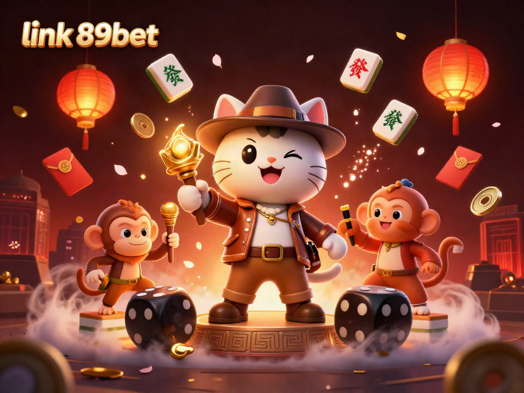 Experience the thrill of casino adventures with link 89bet, featuring a cartoon archaeologist cat and treasures.