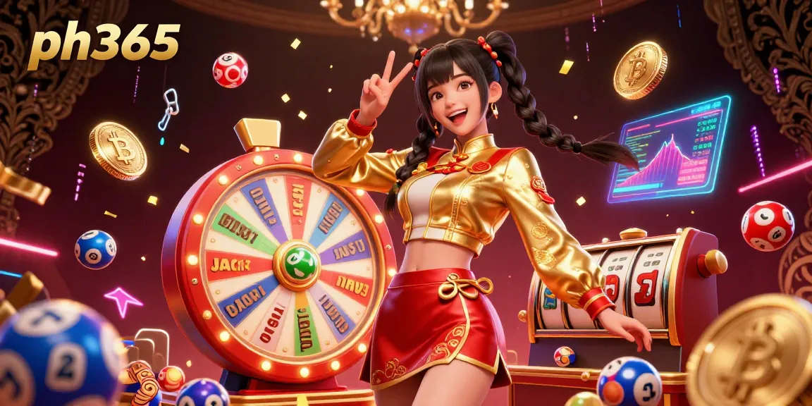 Engage with ph365 as a stunning Asian woman celebrates a vibrant casino scene filled with games and promotions.