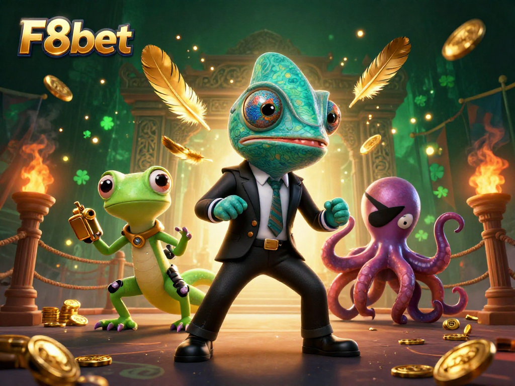 Join the excitement at F8bet with colorful characters and dynamic casino elements in a thrilling scene.