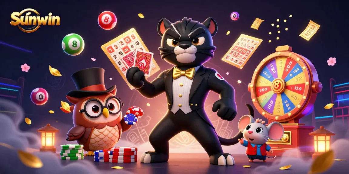 Experience thrilling gameplay with Sunwin's vibrant scene of a stylish black panther dealer and charming characters.