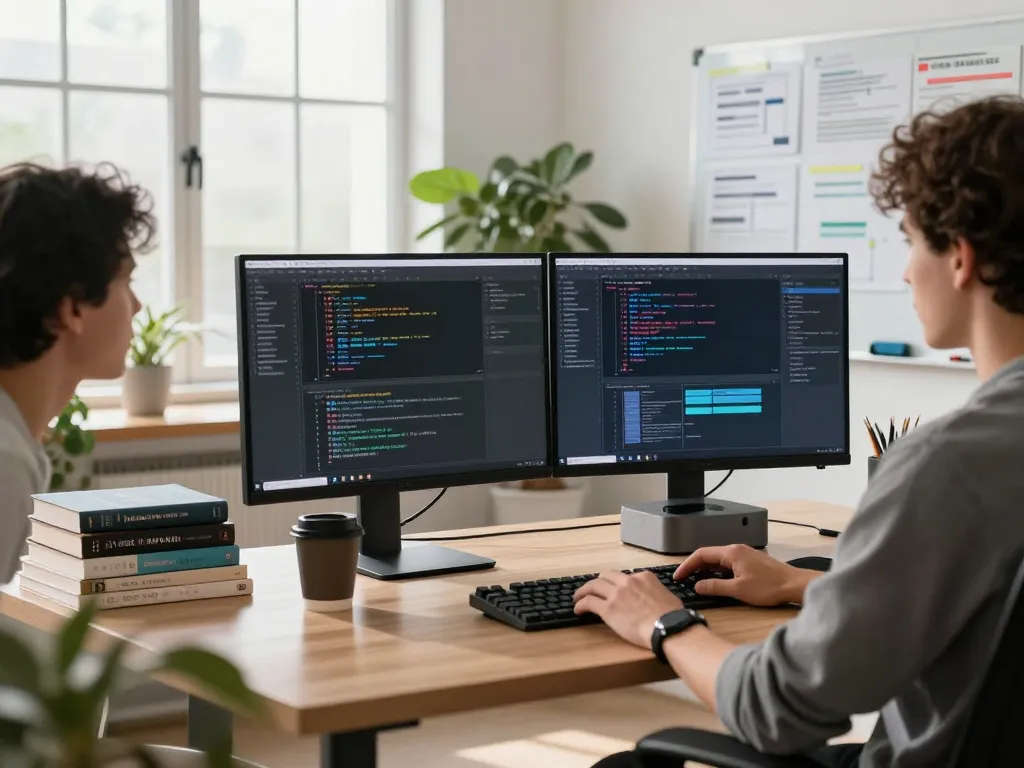 Developer working on a Mac Mini in a modern tech workspace, showcasing productivity and AI integration.