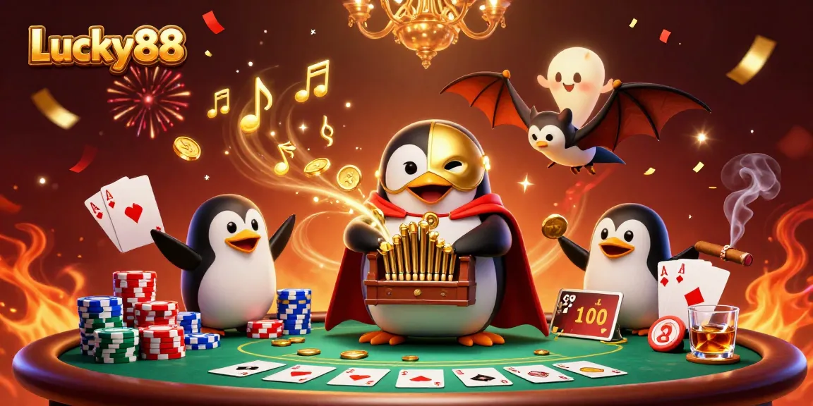 Experience exciting gameplay at Lucky88 with a cartoon penguin organist amidst vibrant casino elements.