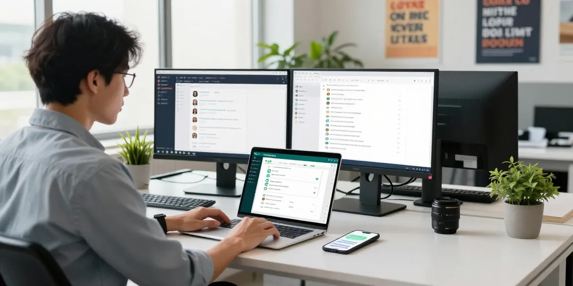 Professional user engaging with WhatsApp網頁版 on a laptop in a modern office workspace.