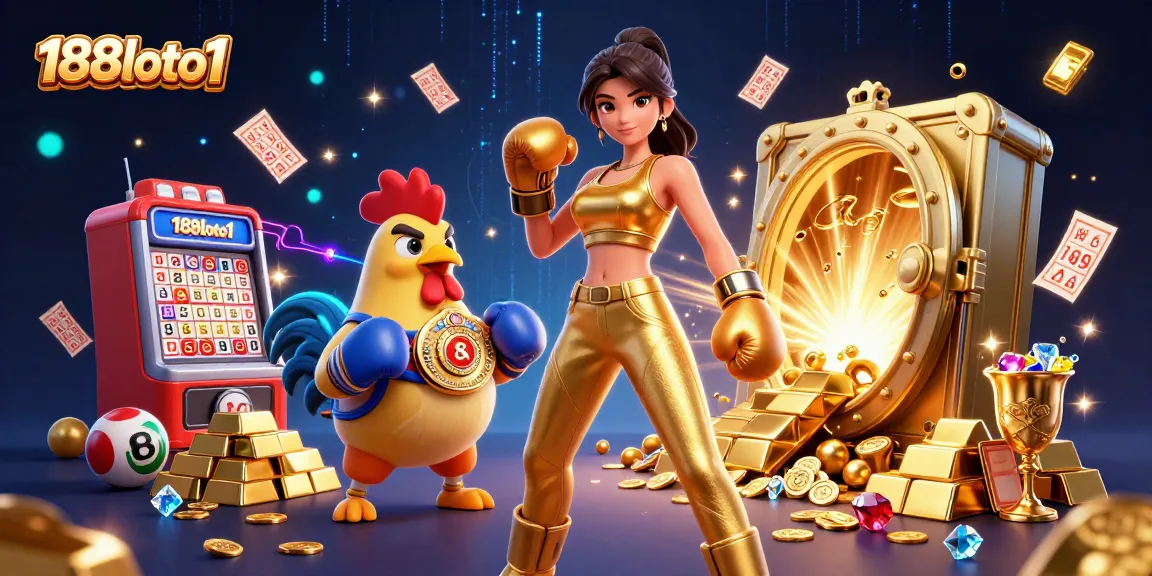 Win big with 188loto1 lottery excitement, showcasing vibrant 3D characters and dynamic gambling elements.