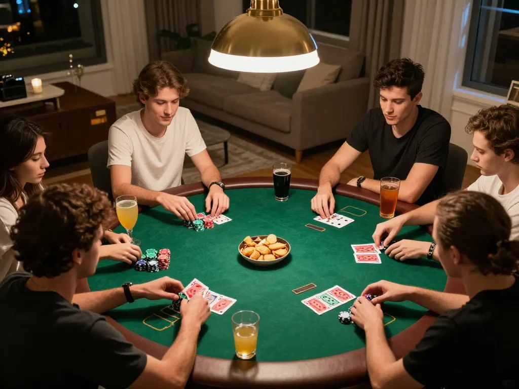 cm88 players strategizing during an exciting home poker night with vibrant atmosphere and snacks
