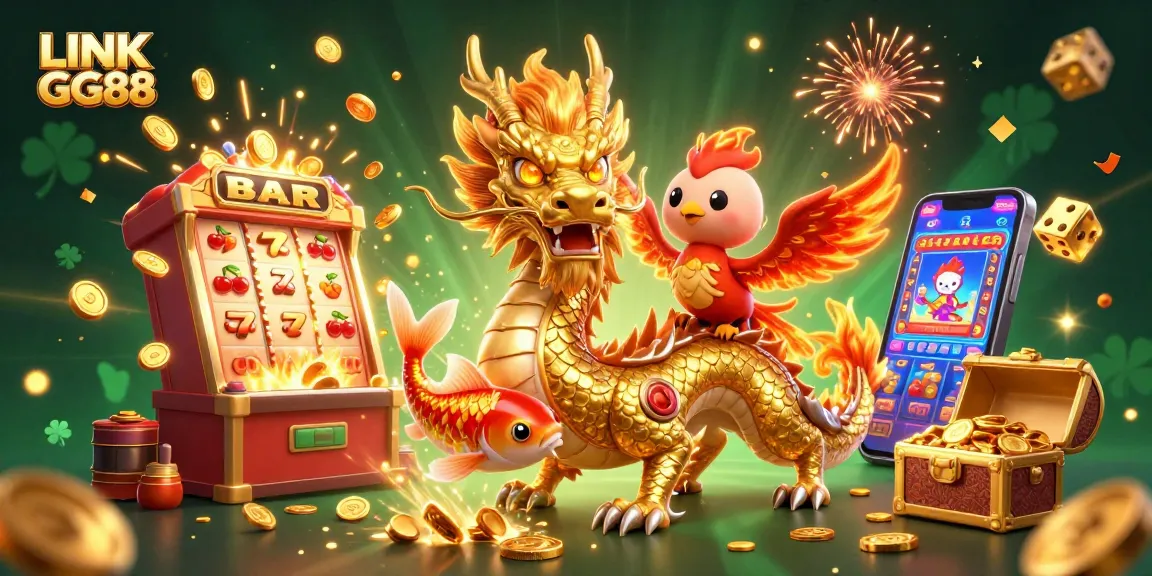 Join the excitement of LINK GG88 with a dynamic 3D illustration of a dragon, phoenix, and koi surrounded by casino elements.