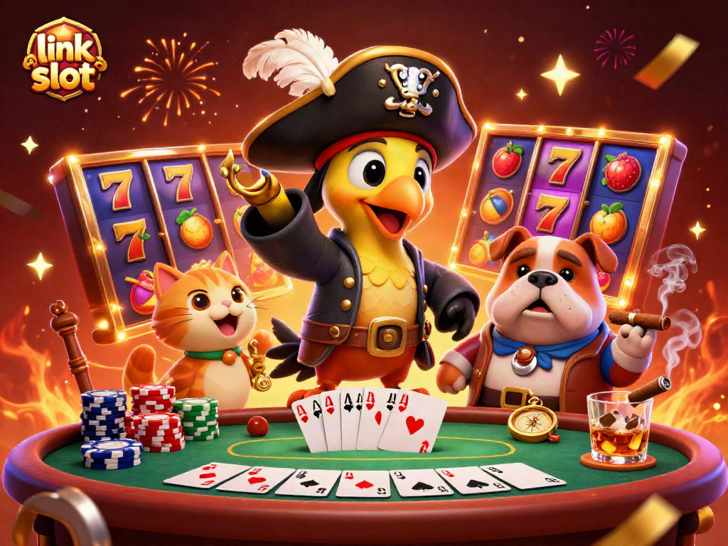 Play exciting link slot games with vibrant characters and casino elements in this dynamic scene.
