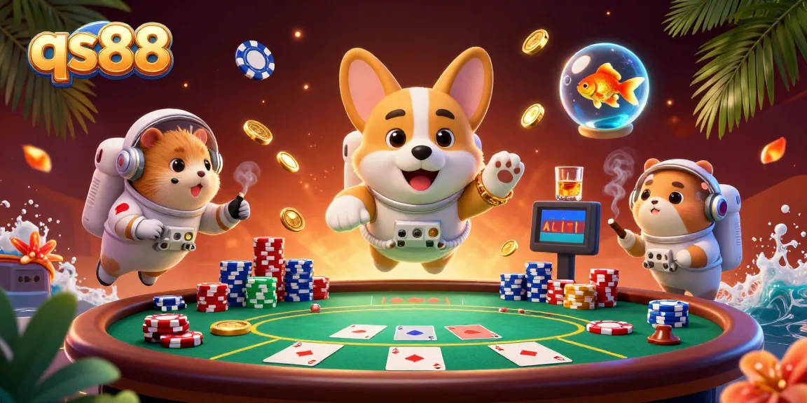 Engage with qs88's thrilling gaming experience featuring a corgi in a space casino.