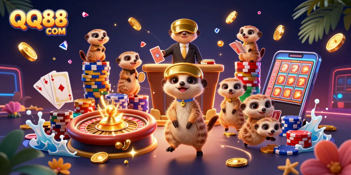 Experience exciting gaming at QQ88 COM with cartoon meerkats running a thrilling casino.