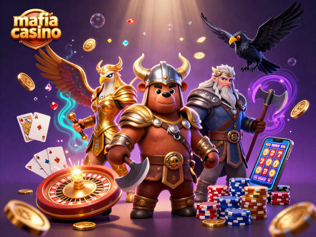 Spin slots and win at Mafia Casino with a thrilling 3D illustration of a Viking bear, Valkyrie eagle, and glowing runes.