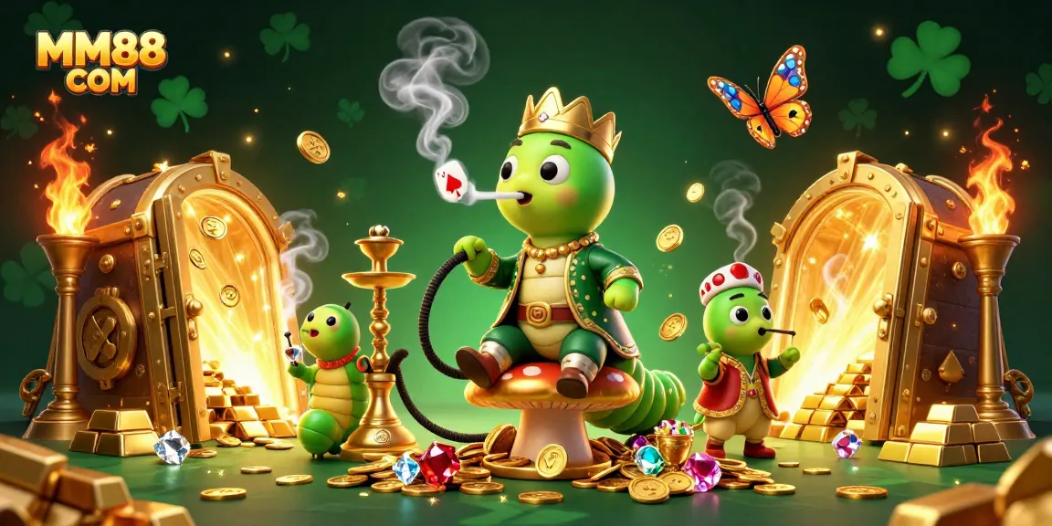 Experience the excitement of MM88 COM with a vibrant illustration of a caterpillar master and golden treasures.