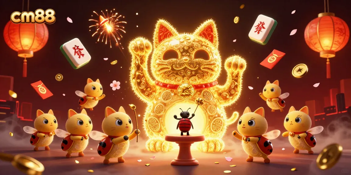 Experience the excitement of cm88 with a dynamic 3D lucky cat and casino symbols illustration.