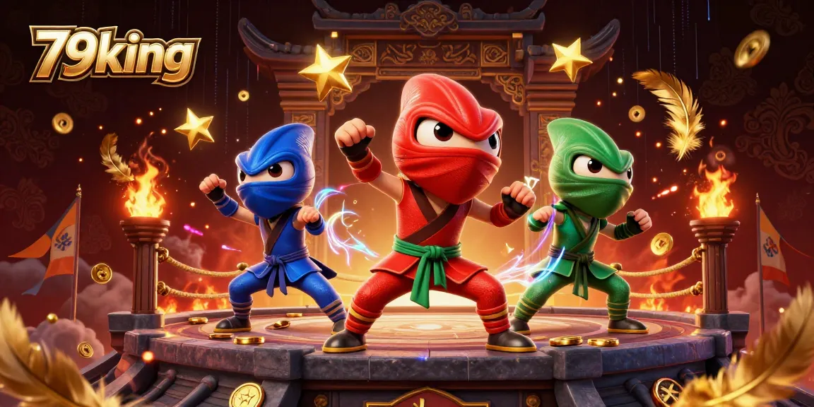 79king features a dynamic 3D scene with ninja chameleons engaging in martial arts surrounded by casino elements.