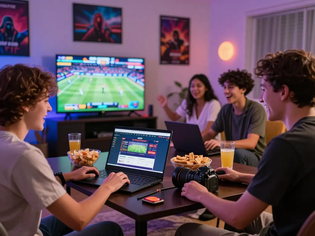 Exciting online gaming session with friends on MM88 platform in a cozy living room.