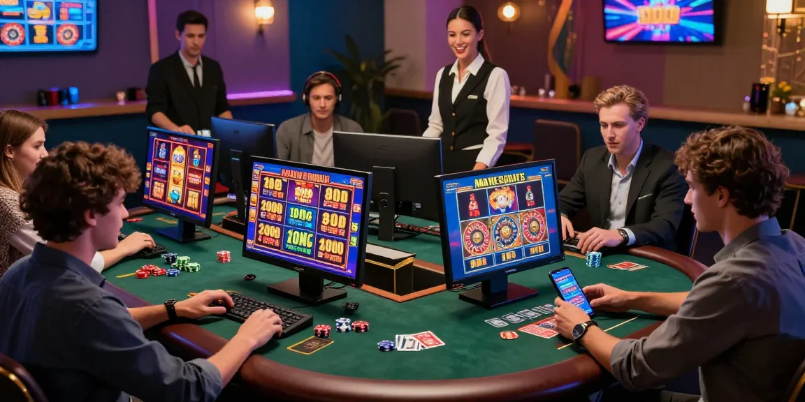 Scena di gioco dinamica che mostra lista casino online non AAMS con giocatori diversi che si divertono con popolari giochi da casino su più dispositivi, atmosfera vivace e grafiche colorate.