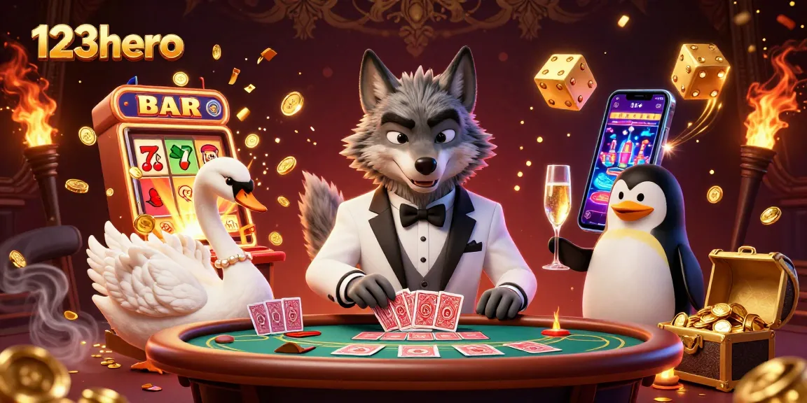 Experience thrilling games with 123hero, featuring a dazzling baccarat table and dynamic slot symbols.