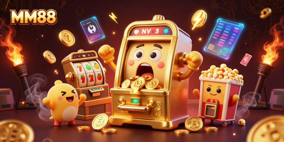 Engage with the exciting MM88 jackpot scene featuring a golden slot machine celebrating wins among sparkling coins.