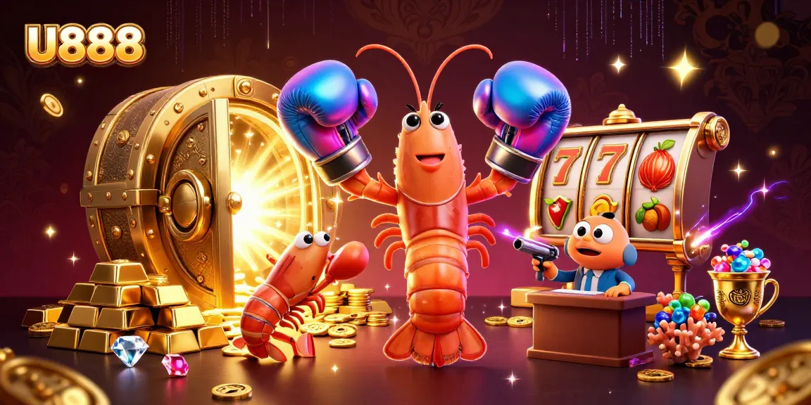 Experience the excitement of U888 with a vibrant 3D casino scene featuring vibrant characters and a treasure vault.