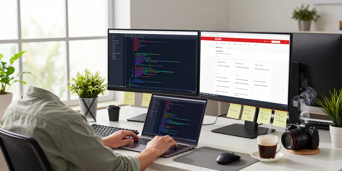 Developer working on software coding at a modern office workspace, showcasing vibrant displays related to WPS Official Website.