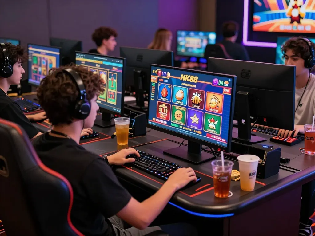 Intense NK88 online gaming experience with young players engaged in vibrant interactive casino.