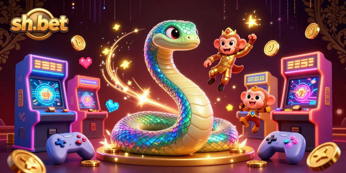 Engage with sh-bet's vibrant 3D casino scene featuring dynamic game elements, characters, and neon aesthetics.