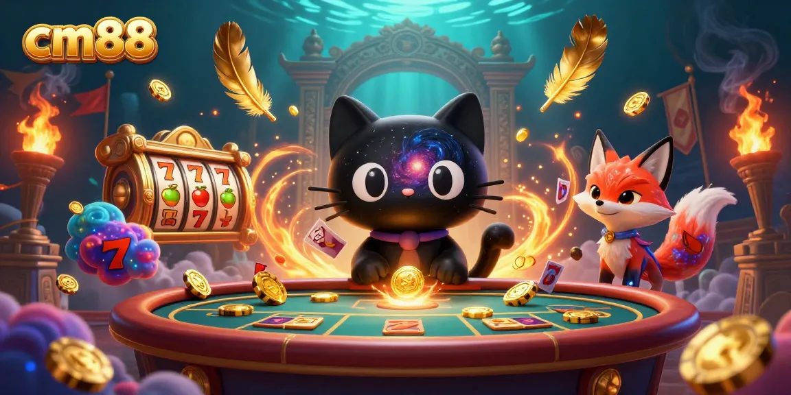 Engage in the thrilling cm88 casino scene with a cosmic cat pulling in golden chips and vibrant fox companions.